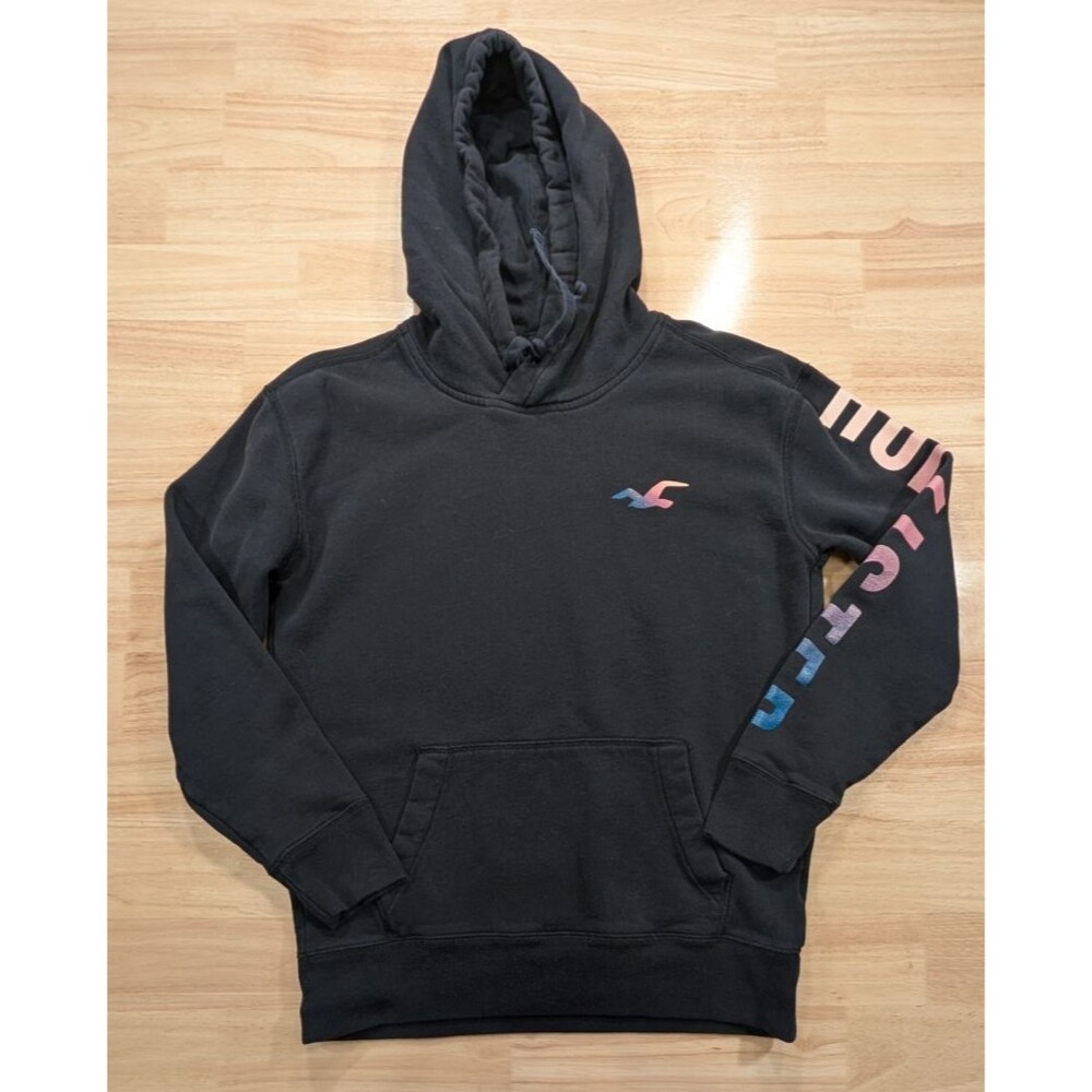 Hollister Hoodie Womens XS Black Rainbow Gradient Logo Pullover Sweatshirt Cute